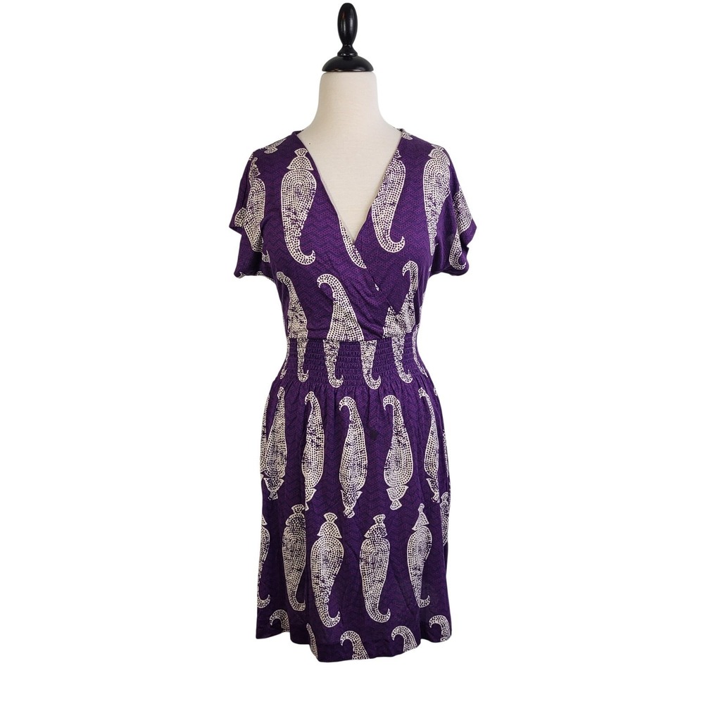 Tory Burch Purple Silk Paisley Smocked Waist V-Neck Dress Size S‎ Garden Party